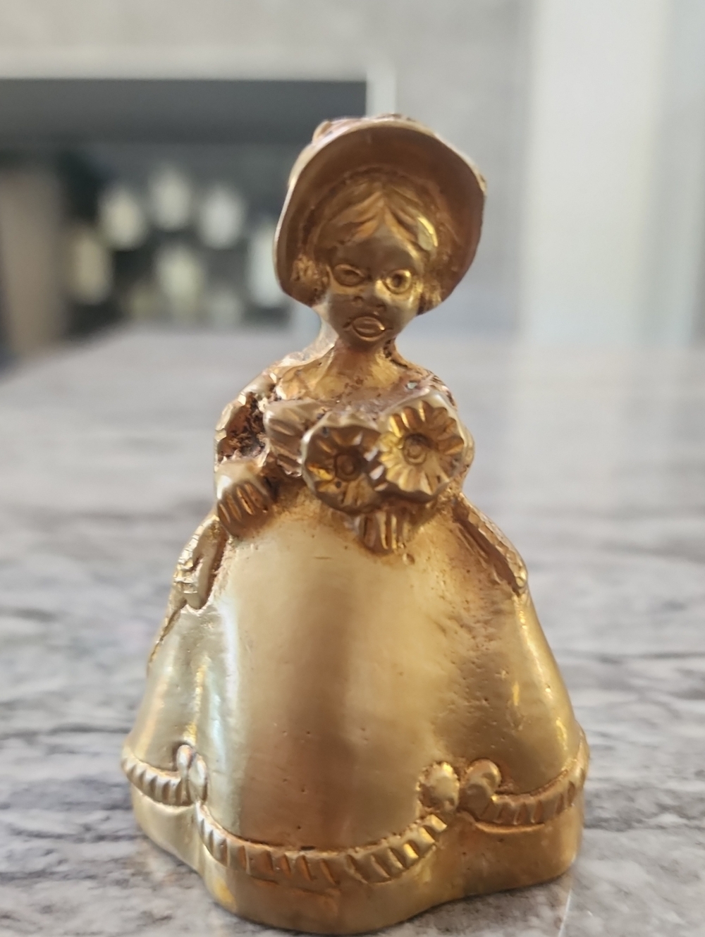 BRASS FIGURINE BELL VICTORIAN WOMAN MADE IN ENGLAND, VINTAGE